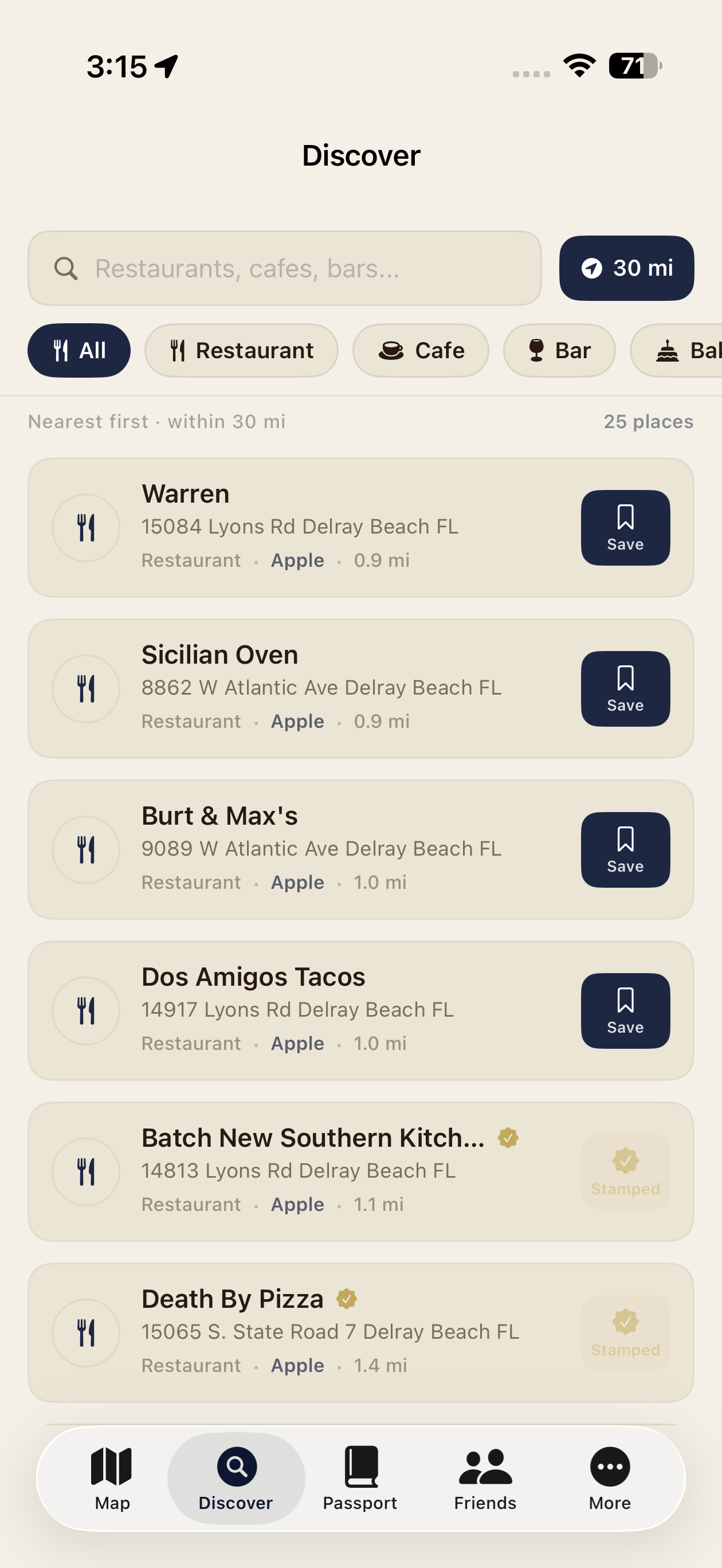 Discover list with nearby restaurants and save controls