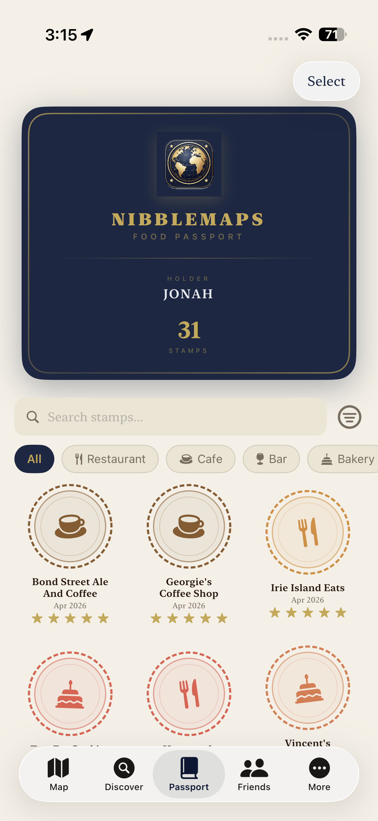 Passport-style list of saved restaurant stamps