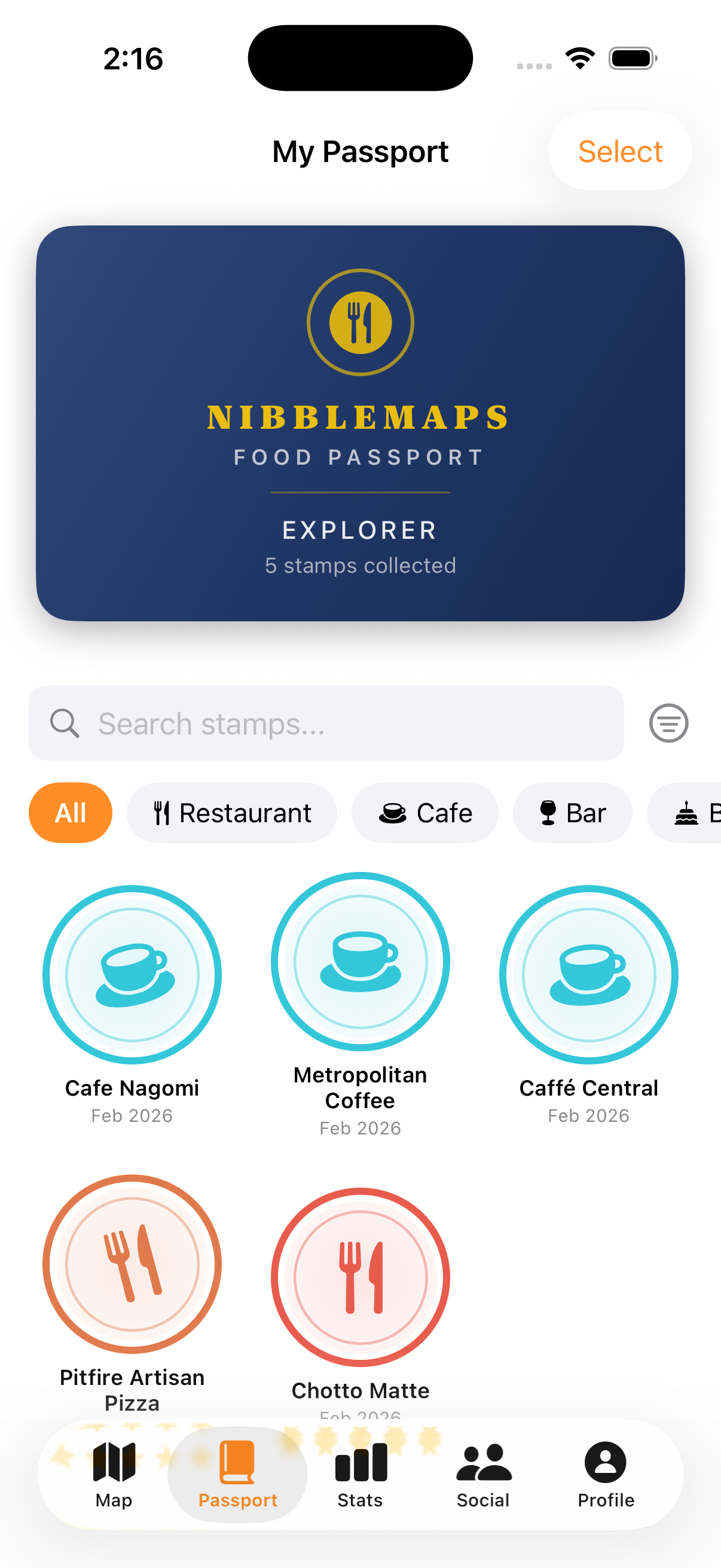 Passport-style list of saved restaurant stamps